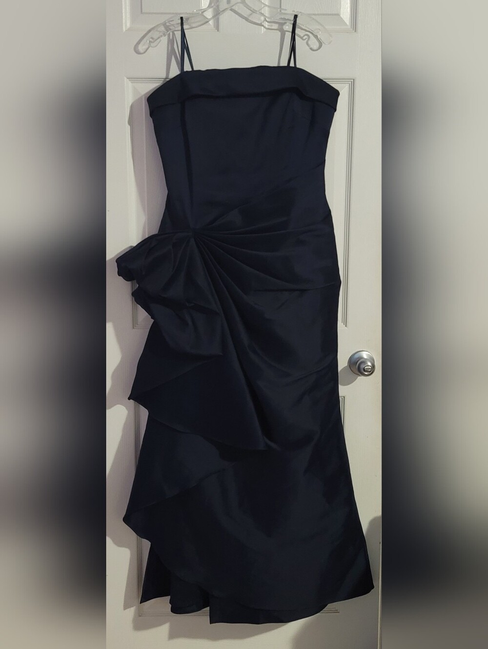 Aqua Strapless Navy Satin Gown with Side Bow Detail - Picture 4 of 6